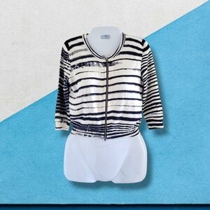 Tracy Reese | EUC Cute White/Navy Striped 3/4 Sleeve Crop Zip-Up Cardigan